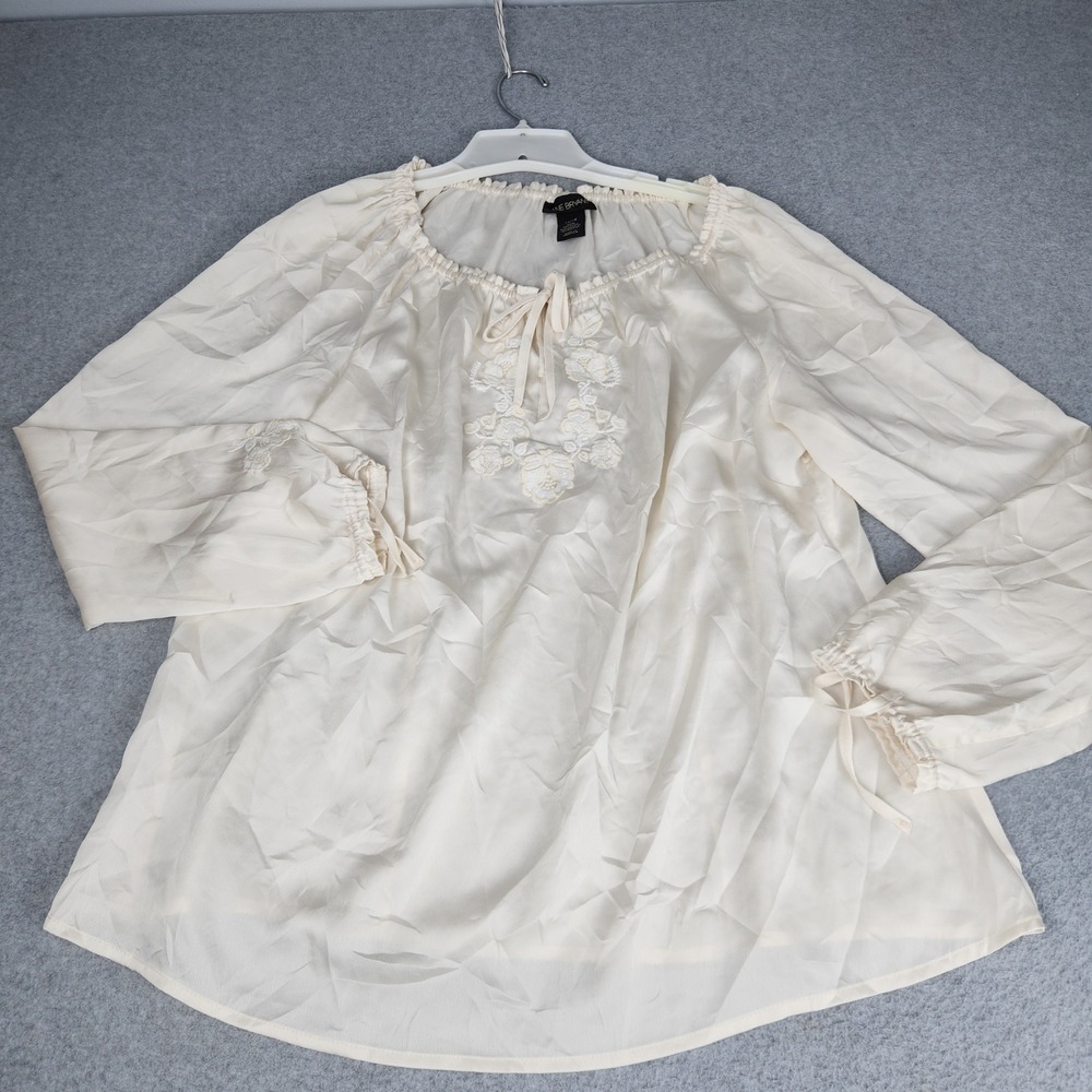 Lane Bryant Blouse Top Women 14/16 Beige Peasant Floral Embroidery Boho Tie Neck